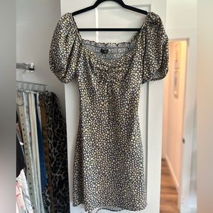 Cotton candy LA blue and yellow floral dress with open back, adjustable front.